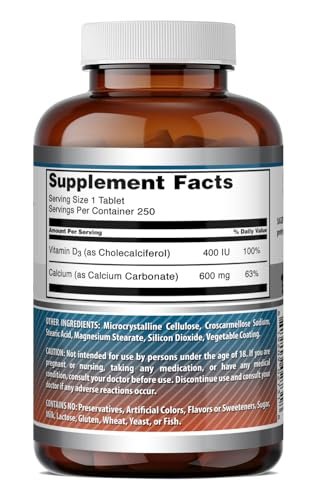 Amazing Formulas Calcium 600 mg mit Vitamin D3 400 IE Tabletten – Nahrungsergänzungsmittel – Non-GMO – Glutenfrei – Hergestellt in den USA – 250 Tabletten