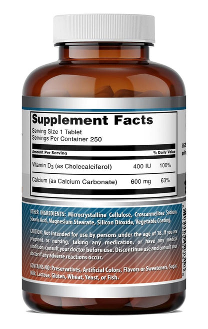 Amazing Formulas Calcium 600 mg mit Vitamin D3 400 IE Tabletten – Nahrungsergänzungsmittel – Non-GMO – Glutenfrei – Hergestellt in den USA – 250 Tabletten