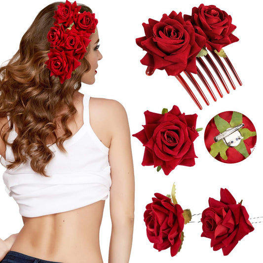 4er-Pack Rosenblüten-Haarklammern – Große Rose Brosche Blumen-Clips für Frauen, Flamenco-Tänzerin, Braut, Party, Hochzeit – Rot