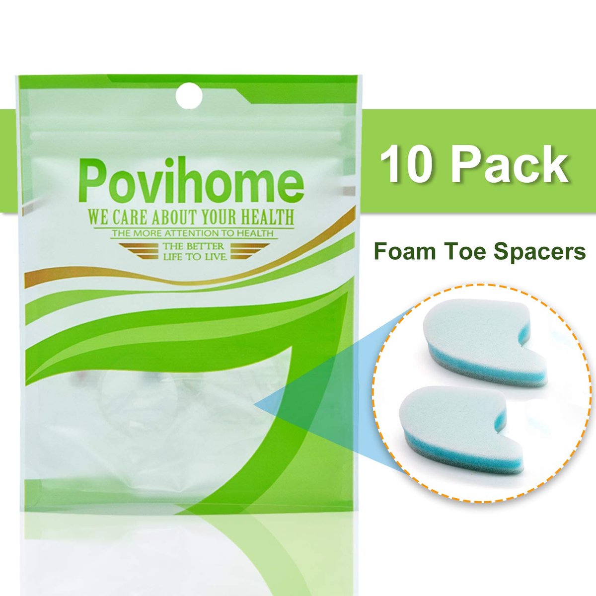 Povihome 10er-Pack Schaumstoff-Zehenspreizer (5 mm dick), 3-schichtige Zehentrenner – Große Größe – zur Korrektur von krummen, überlappenden Zehen, Linderung von Hühneraugen, Blasen und Reizungen