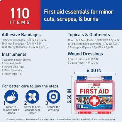 Care Science Erste-Hilfe-Set, 110 Teile | Professionell für Reisen, Arbeit, Schule, Zuhause, Auto, Notfälle, Überleben, Camping, Wandern und mehr