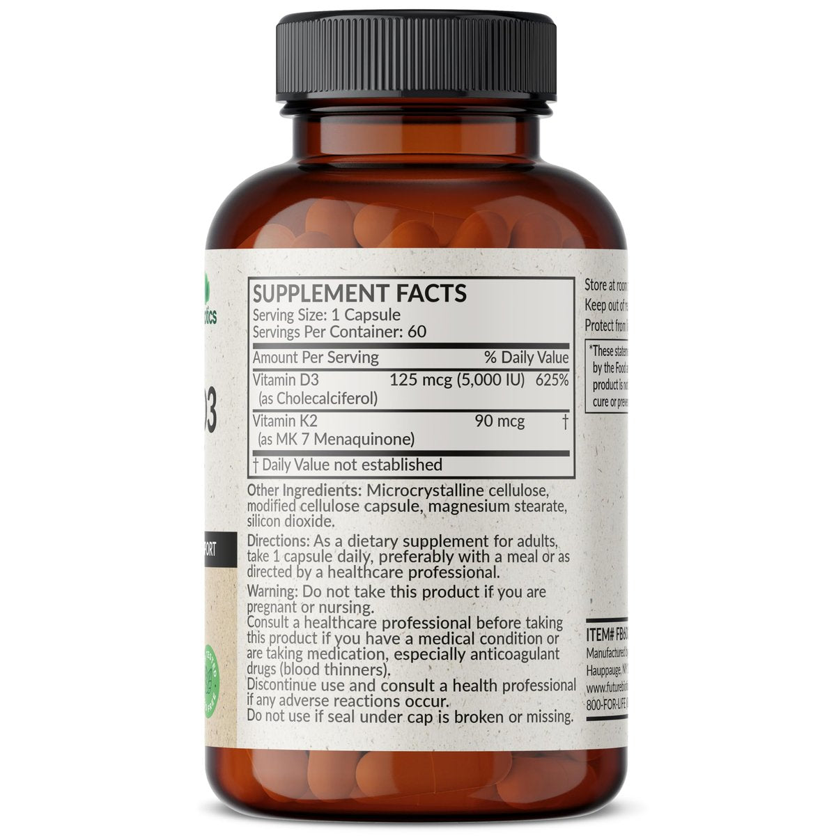 Futurebiotics Vitamin K2 (MK7) mit D3 - Non-GMO Formel - 5000 IE Vitamin D3 & 90 mcg Vitamin K2 MK-7, 60 vegane Kapseln