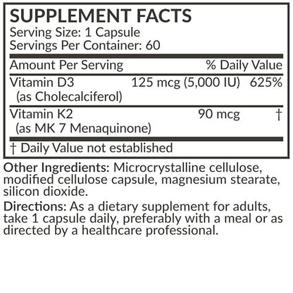 Futurebiotics Vitamin K2 (MK7) mit D3 Supplement - Nicht-GMO Formel - 5000 IE Vitamin D3 & 90 mcg Vitamin K2 MK-7, 120 vegane Kapseln