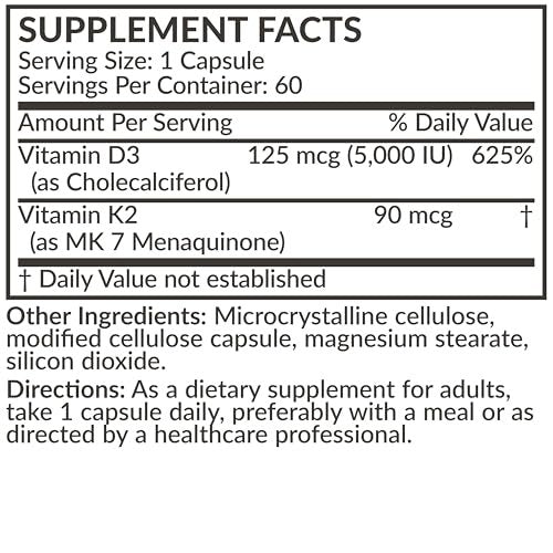 Futurebiotics Vitamin K2 (MK7) mit D3 Supplement - Nicht-GMO Formel - 5000 IE Vitamin D3 & 90 mcg Vitamin K2 MK-7, 120 vegane Kapseln