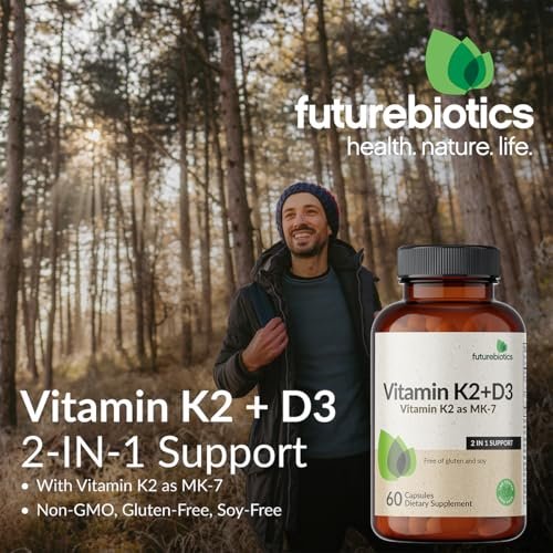 Futurebiotics Vitamin K2 (MK7) mit D3 - Non-GMO Formel - 5000 IE Vitamin D3 & 90 mcg Vitamin K2 MK-7, 60 vegane Kapseln