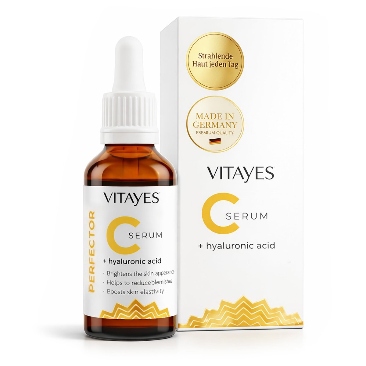 VITAYES Vitamin C Gesichtsserum Anti-Aging Serum mit Hyaluronsäure, Feuchtigkeitsspendend & Aufhellend für dunkle Flecken, feine Linien und Falten, 30 ml