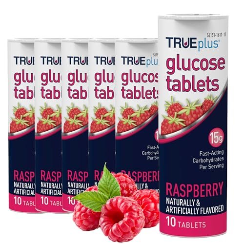 TRUEplus Glukose Tabletten, Himbeer-Geschmack, 15g schnell wirkende Kohlenhydrate, fettfrei, glutenfrei, Energieschub, 10 Stück, 6er-Pack