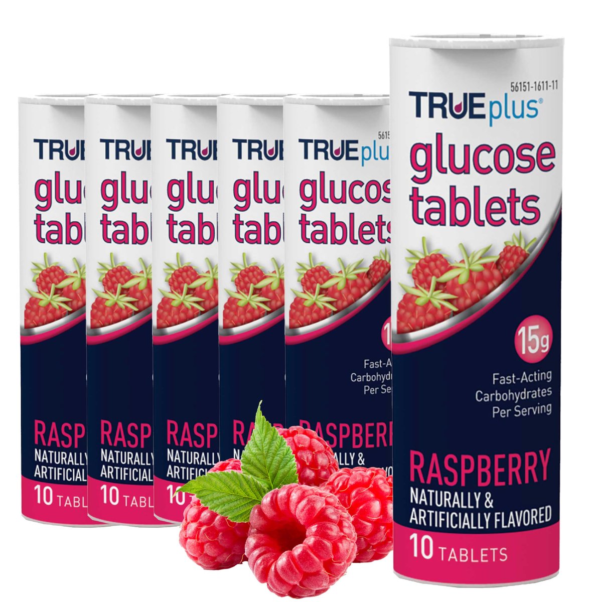 TRUEplus Glukose Tabletten, Himbeer-Geschmack, 15g schnell wirkende Kohlenhydrate, fettfrei, glutenfrei, Energieschub, 10 Stück, 6er-Pack