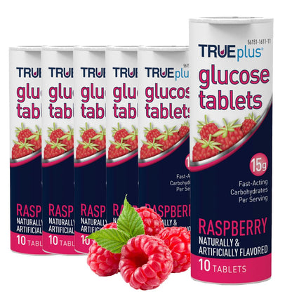 TRUEplus Glukose Tabletten, Himbeer-Geschmack, 15g schnell wirkende Kohlenhydrate, fettfrei, glutenfrei, Energieschub, 10 Stück, 6er-Pack