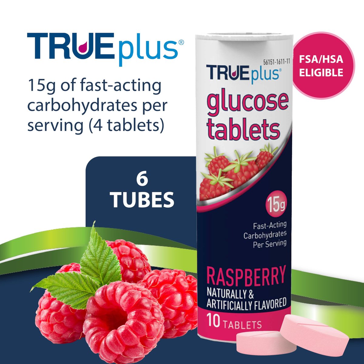 TRUEplus Glukose Tabletten, Himbeer-Geschmack, 15g schnell wirkende Kohlenhydrate, fettfrei, glutenfrei, Energieschub, 10 Stück, 6er-Pack