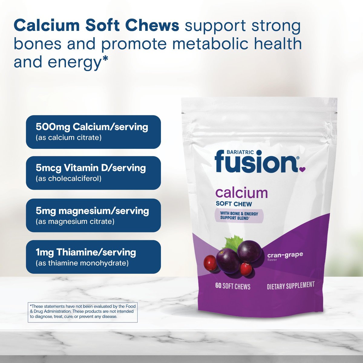 Bariatric Fusion Calcium Kaugummis | Calciumcitrat mit Vitamin D3 | Zuckerfrei, kaubar | Cranberry-Traube | 60 Stück