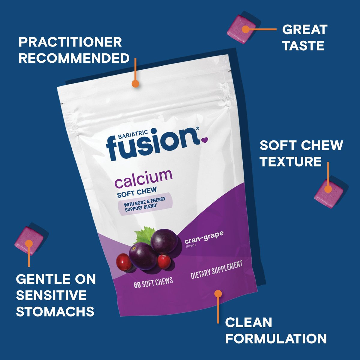 Bariatric Fusion Calcium Kaugummis | Calciumcitrat mit Vitamin D3 | Zuckerfrei, kaubar | Cranberry-Traube | 60 Stück
