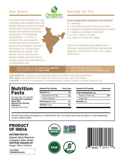 Bio Ashwagandha Wurzelpulver - 1,10 Pfund (17,64 Unzen) | Nachfüllbarer Kraftbeutel, Nicht-GVO, Indischer Ginseng, Withania Somnifera - 100% Roh aus Indien