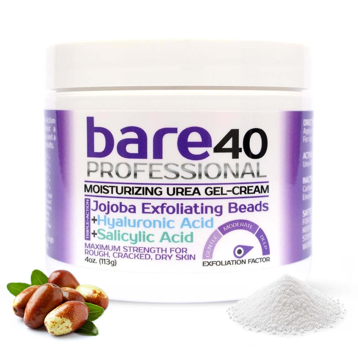 BARE 40 PRO 40% Urea Gel mit 2% Salicylsäure, Hyaluronsäure, Teebaumöl & Aloe Vera – Peeling- und Feuchtigkeitsgel für trockene, raue Haut an Füßen und Körper, 118 ml Glas, hergestellt in USA