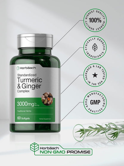Horbäach Curcumin mit Ingwer & Schwarzem Pfeffer Extrakt – 60 Softgel-Kapseln – Non-GMO, Glutenfrei