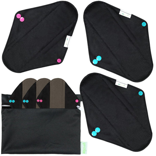 wegreeco Aktivkohle-Wiederverwendbare Menstruationsbinden – 6er-Pack mit Mini-Wetbag, Schwarz, Medium