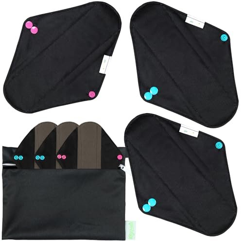 wegreeco Aktivkohle-Wiederverwendbare Menstruationsbinden – 6er-Pack mit Mini-Wetbag, Schwarz, Medium