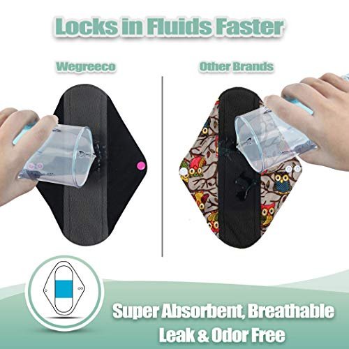 Wegreeco Aktivkohle wiederverwendbare Menstruationsbinden – 6er-Pack mit Mini-Wetbag (Groß, Schwarz)