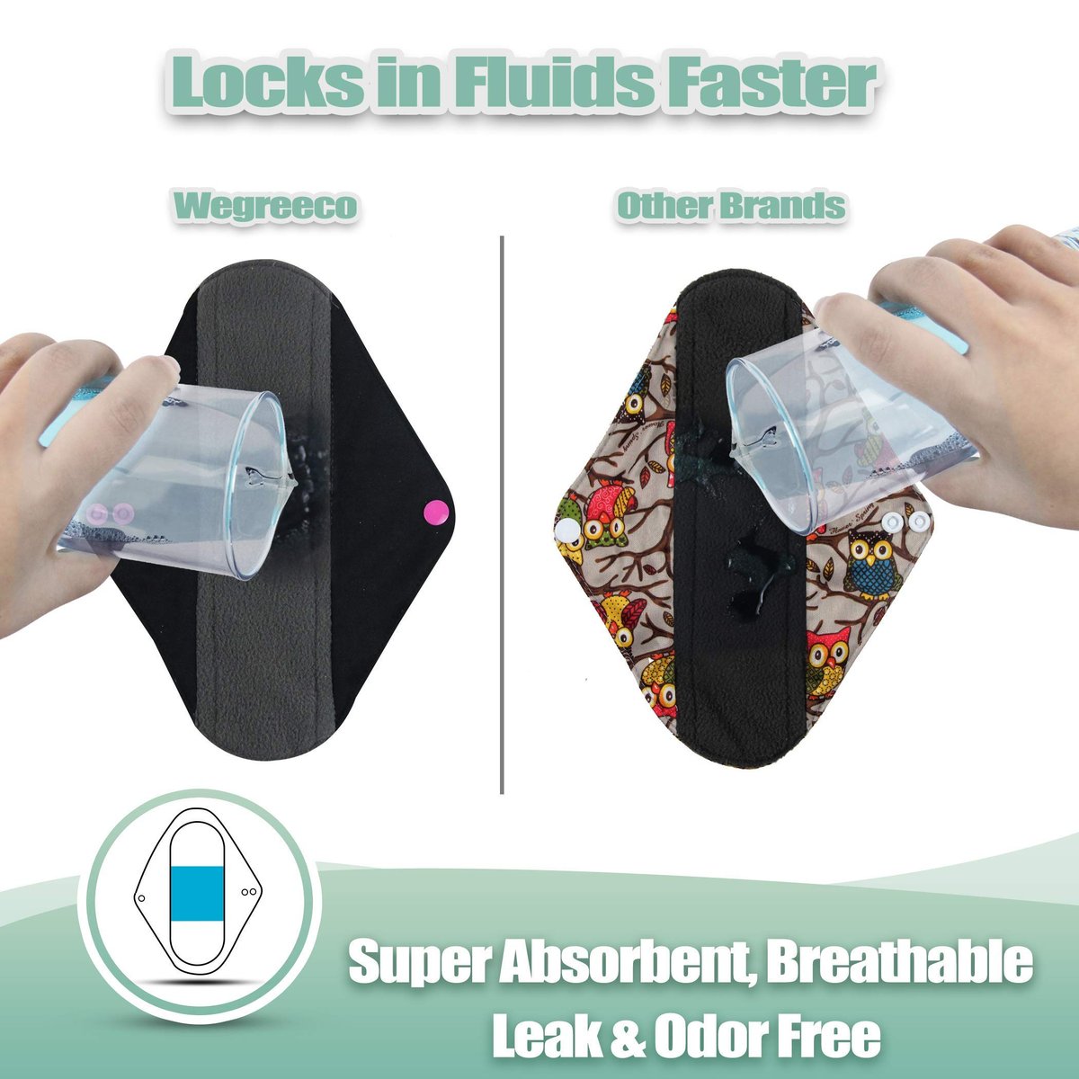 wegreeco Aktivkohle-Wiederverwendbare Menstruationsbinden – 6er-Pack mit Mini-Wetbag, Schwarz, Medium