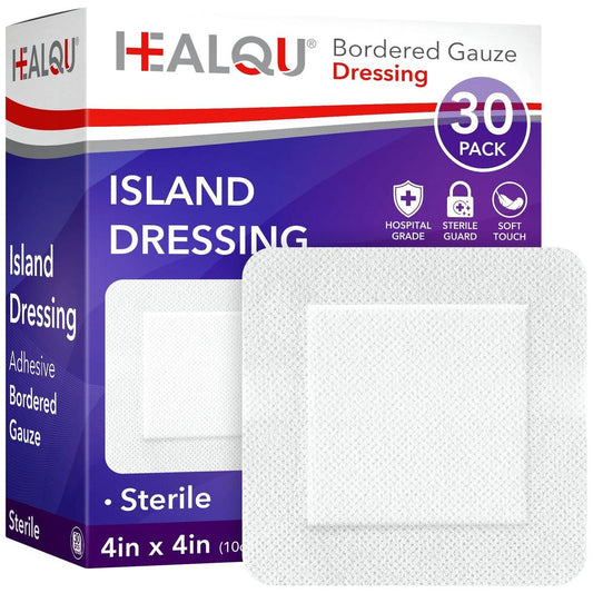 HEALQU Inselverband 4x4 Zoll, 30 Stück - Sterile, einzeln verpackte Gazekompressen mit Rand, wasserabweisend, Vliesträger - weiche und atmungsaktive Wundauflage für Erste Hilfe und medizinische Versorgung
