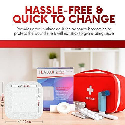 HEALQU Inselverband 4x4 Zoll, 30 Stück - Sterile, einzeln verpackte Gazekompressen mit Rand, wasserabweisend, Vliesträger - weiche und atmungsaktive Wundauflage für Erste Hilfe und medizinische Versorgung