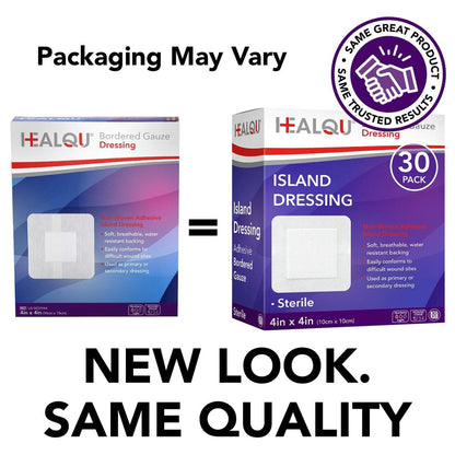 HEALQU Inselverband 4x4 Zoll, 30 Stück - Sterile, einzeln verpackte Gazekompressen mit Rand, wasserabweisend, Vliesträger - weiche und atmungsaktive Wundauflage für Erste Hilfe und medizinische Versorgung