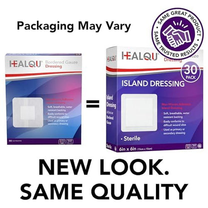 HEALQU Wundverband Island-Dressing 6x6 Zoll, 30 Stück – sterile, wasserabweisende Gaze-Kompressen mit Rand, weich und atmungsaktiv für Erste Hilfe und medizinische Anwendungen