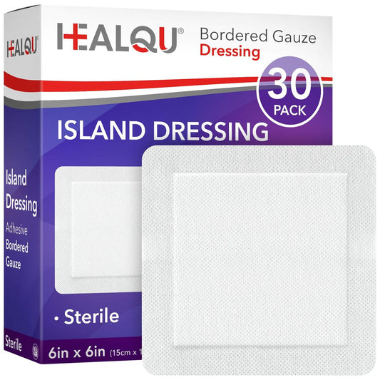 HEALQU Wundverband Island-Dressing 6x6 Zoll, 30 Stück – sterile, wasserabweisende Gaze-Kompressen mit Rand, weich und atmungsaktiv für Erste Hilfe und medizinische Anwendungen