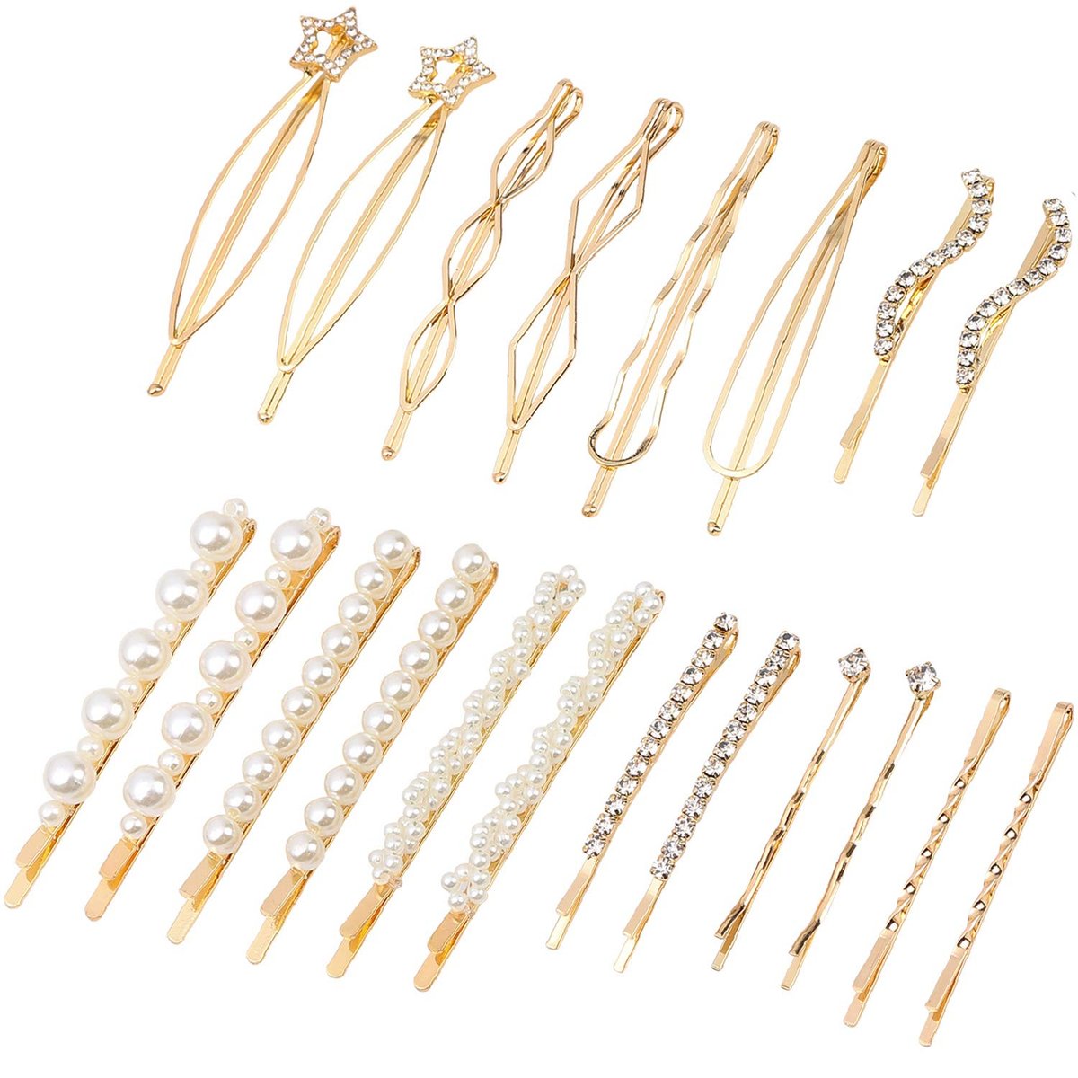 Folansy 20-teilige elegante Haarspangen für Hochzeiten – goldene Metall-Haarklammern mit Kunstperlen und klaren Strass-Stecknadeln