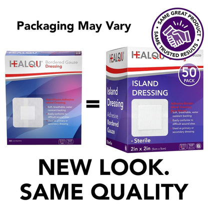 HEALQU Bordered Gauze Island Dressing – 50 Stück, 2" x 2" sterile, einzeln verpackte Gaze-Pads mit wasserabweisender, nicht gewebter Rückseite – weiche und atmungsaktive Wundauflage für Erste Hilfe und medizinische Anwendungen