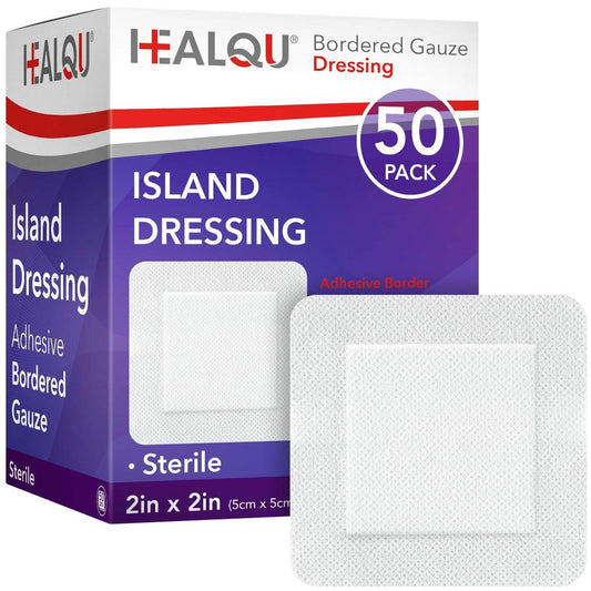 HEALQU Bordered Gauze Island Dressing – 50 Stück, 2" x 2" sterile, einzeln verpackte Gaze-Pads mit wasserabweisender, nicht gewebter Rückseite – weiche und atmungsaktive Wundauflage für Erste Hilfe und medizinische Anwendungen
