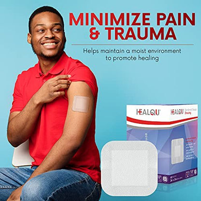 HEALQU Bordered Gauze Island Dressing – 50 Stück, 2,4"x4" sterile Mullkompressen mit wasserabweisendem Vliesrücken – weich und atmungsaktiv für Erste Hilfe & medizinische Versorgung