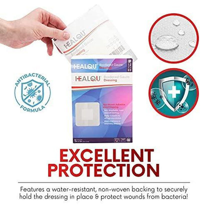HEALQU Bordered Gauze Island Dressing – 50 Stück, 2" x 2" sterile, einzeln verpackte Gaze-Pads mit wasserabweisender, nicht gewebter Rückseite – weiche und atmungsaktive Wundauflage für Erste Hilfe und medizinische Anwendungen