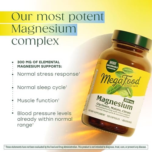 MegaFood Magnesium Glycinat, Citrat, Malat 300 mg – Hoch bioverfügbare Mischung zur Unterstützung von Herz, Nerven und Entspannung, Triple-Magnesium-Komplex, 60 Kapseln (30 Portionen)