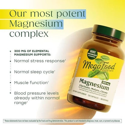 MegaFood Magnesium Glycinat, Citrat, Malat 300 mg – Hoch bioverfügbare Mischung zur Unterstützung von Herz, Nerven und Entspannung, Triple-Magnesium-Komplex, 60 Kapseln (30 Portionen)