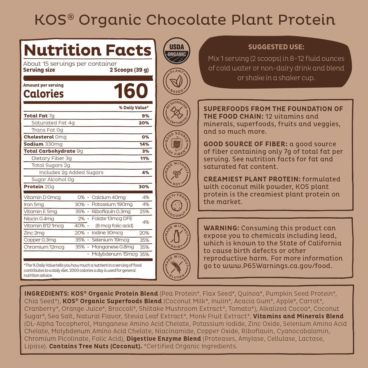 KOS Bio pflanzliches Proteinpulver, Schokolade USDA Organic - Low Carb Erbsenprotein-Mix, veganes Superfood mit Vitaminen & Mineralstoffen - Keto, Soja- & milchfrei - Mahlzeitenersatz für Frauen & Männer - 15 Portionen