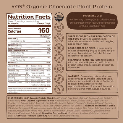 KOS Bio pflanzliches Proteinpulver, Schokolade USDA Organic - Low Carb Erbsenprotein-Mix, veganes Superfood mit Vitaminen & Mineralstoffen - Keto, Soja- & milchfrei - Mahlzeitenersatz für Frauen & Männer - 15 Portionen