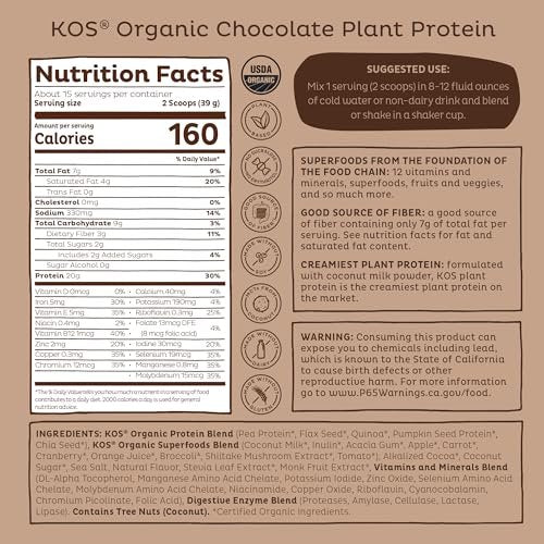 KOS Bio pflanzliches Proteinpulver, Schokolade USDA Organic - Low Carb Erbsenprotein-Mix, veganes Superfood mit Vitaminen & Mineralstoffen - Keto, Soja- & milchfrei - Mahlzeitenersatz für Frauen & Männer - 15 Portionen
