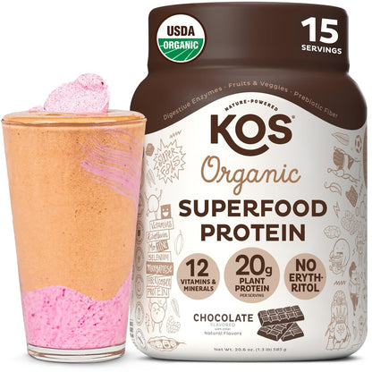 KOS Bio pflanzliches Proteinpulver, Schokolade USDA Organic - Low Carb Erbsenprotein-Mix, veganes Superfood mit Vitaminen & Mineralstoffen - Keto, Soja- & milchfrei - Mahlzeitenersatz für Frauen & Männer - 15 Portionen