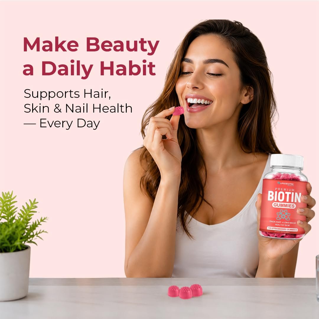 LifeCentric Health Biotin Gummis für Erwachsene | Max Stärke Biotin 10000mcg | Kaubare Biotin-Ergänzung für Frauen und Männer | 100 Stück vegane Haar-Gummis für Haut, Haare und Nägel