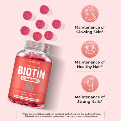 LifeCentric Health Biotin Gummis für Erwachsene | Max Stärke Biotin 10000mcg | Kaubare Biotin-Ergänzung für Frauen und Männer | 100 Stück vegane Haar-Gummis für Haut, Haare und Nägel