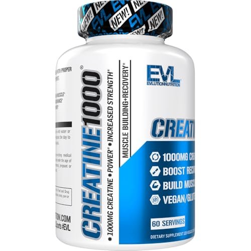 Evlution Nutrition Creatin-Monohydrat Kapseln – Vegane und glutenfreie Creatin-Pillen für Muskelaufbau, Kraft und Regeneration – 500 mg pro Kapsel, 120 Kapseln (60 Portionen)