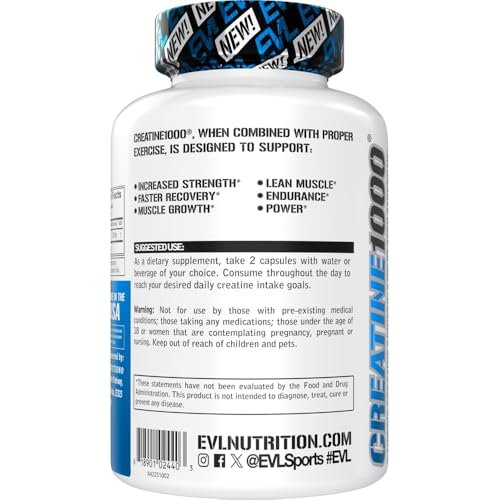 Evlution Nutrition Creatin-Monohydrat Kapseln – Vegane und glutenfreie Creatin-Pillen für Muskelaufbau, Kraft und Regeneration – 500 mg pro Kapsel, 120 Kapseln (60 Portionen)