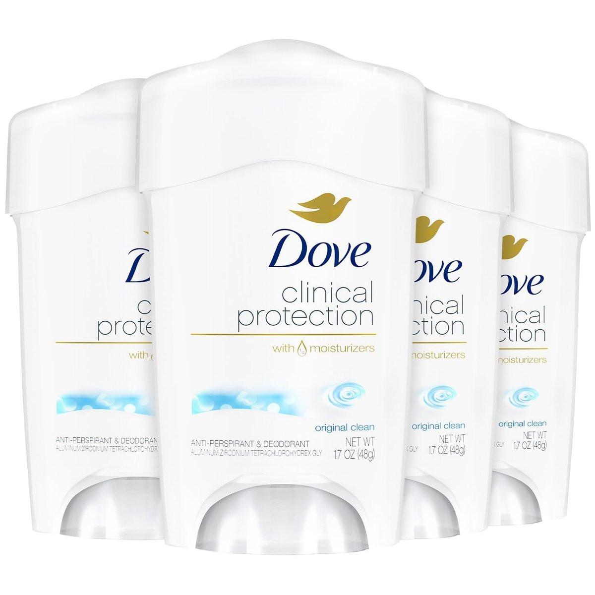 Dove Deodorant Clinical Protection Antiperspirant Original Clean 4er-Pack – Verschreibungspflichtiger Schutz gegen Nässe mit ¼ Feuchtigkeitsspendern, 1,7 Oz pro Stück