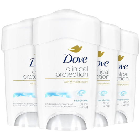 Dove Deodorant Clinical Protection Antiperspirant Original Clean 4er-Pack – Verschreibungspflichtiger Schutz gegen Nässe mit ¼ Feuchtigkeitsspendern, 1,7 Oz pro Stück