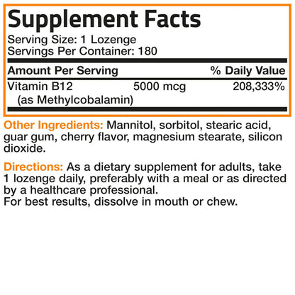 Bronson Methyl B12 5000 mcg – Vitamin B12 Methylcobalamin für Energie & Gehirnunterstützung, 180 Lutschtabletten