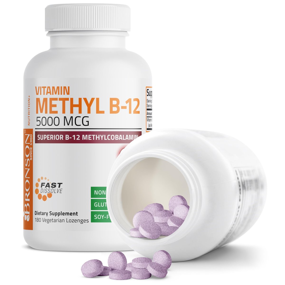 Bronson Methyl B12 5000 mcg – Vitamin B12 Methylcobalamin für Energie & Gehirnunterstützung, 180 Lutschtabletten