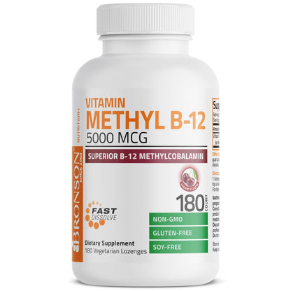 Bronson Methyl B12 5000 mcg – Vitamin B12 Methylcobalamin für Energie & Gehirnunterstützung, 180 Lutschtabletten