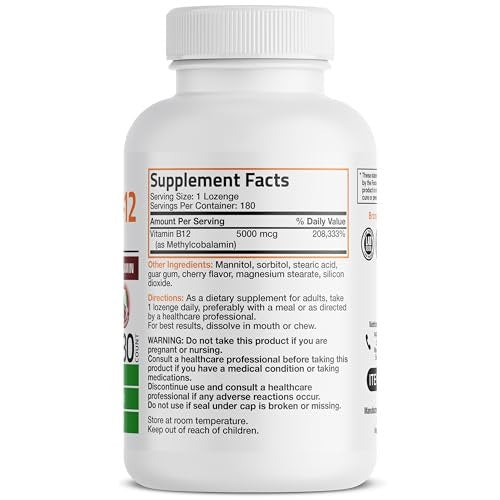 Bronson Methyl B12 5000 mcg – Vitamin B12 Methylcobalamin für Energie & Gehirnunterstützung, 180 Lutschtabletten
