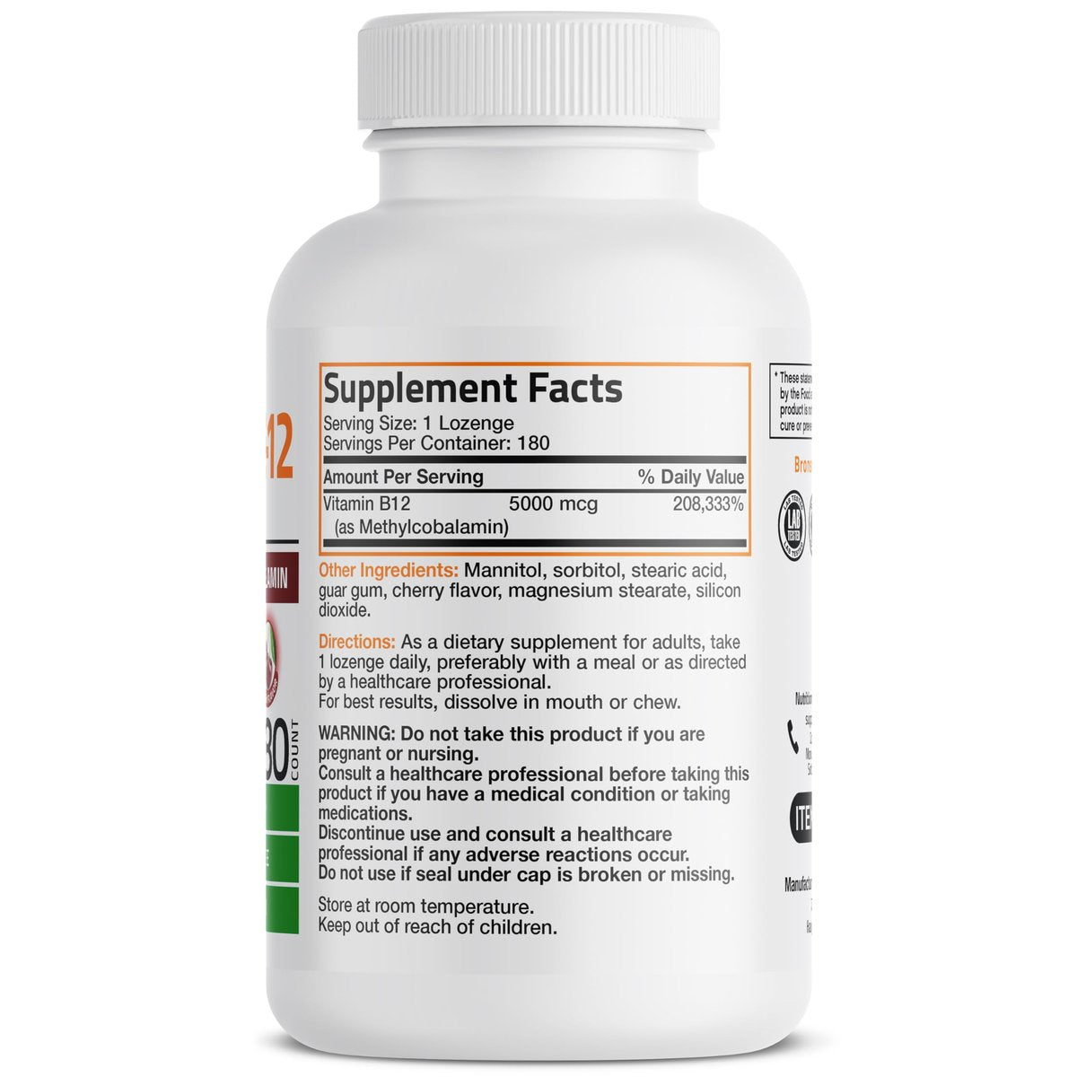 Bronson Methyl B12 5000 mcg – Vitamin B12 Methylcobalamin für Energie & Gehirnunterstützung, 180 Lutschtabletten